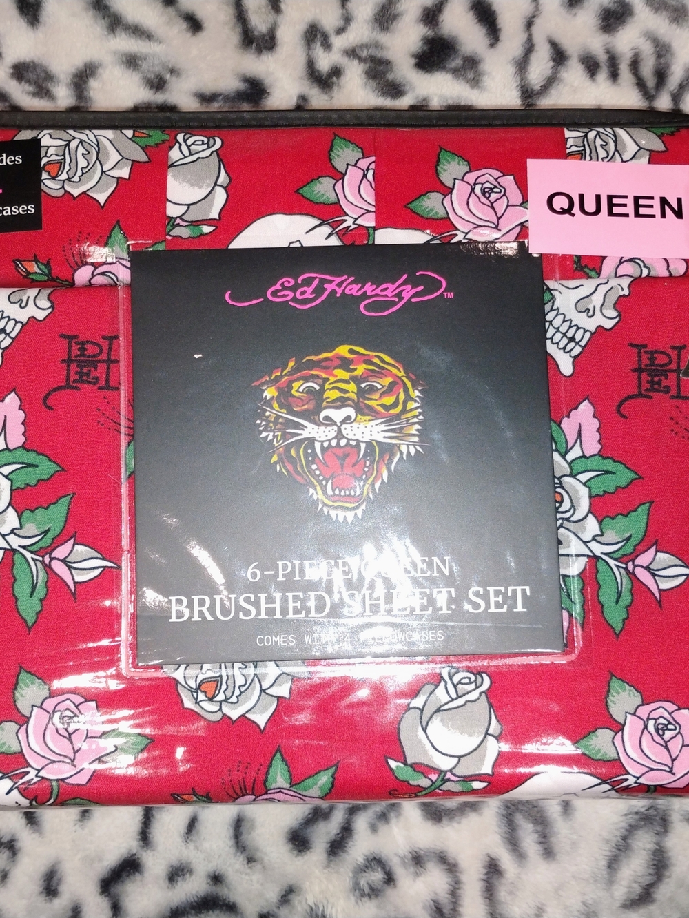 Ed Hardy Brushed Sheet Set - Red with Pink & White Roses